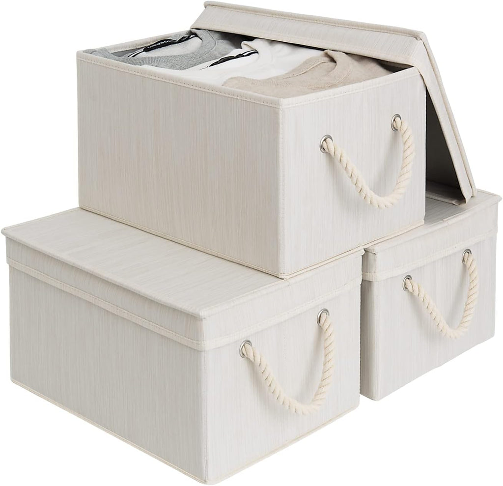 StorageWorks Storage Bins with Lids, Fabric Boxes for Closet, Ivory White