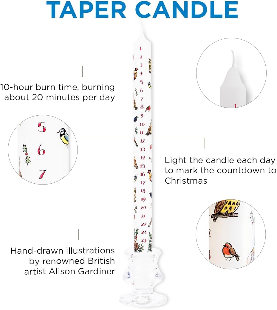 Alison Gardiner Winter Birds Advent Taper Candle, 10hr Burn Time, Unscented