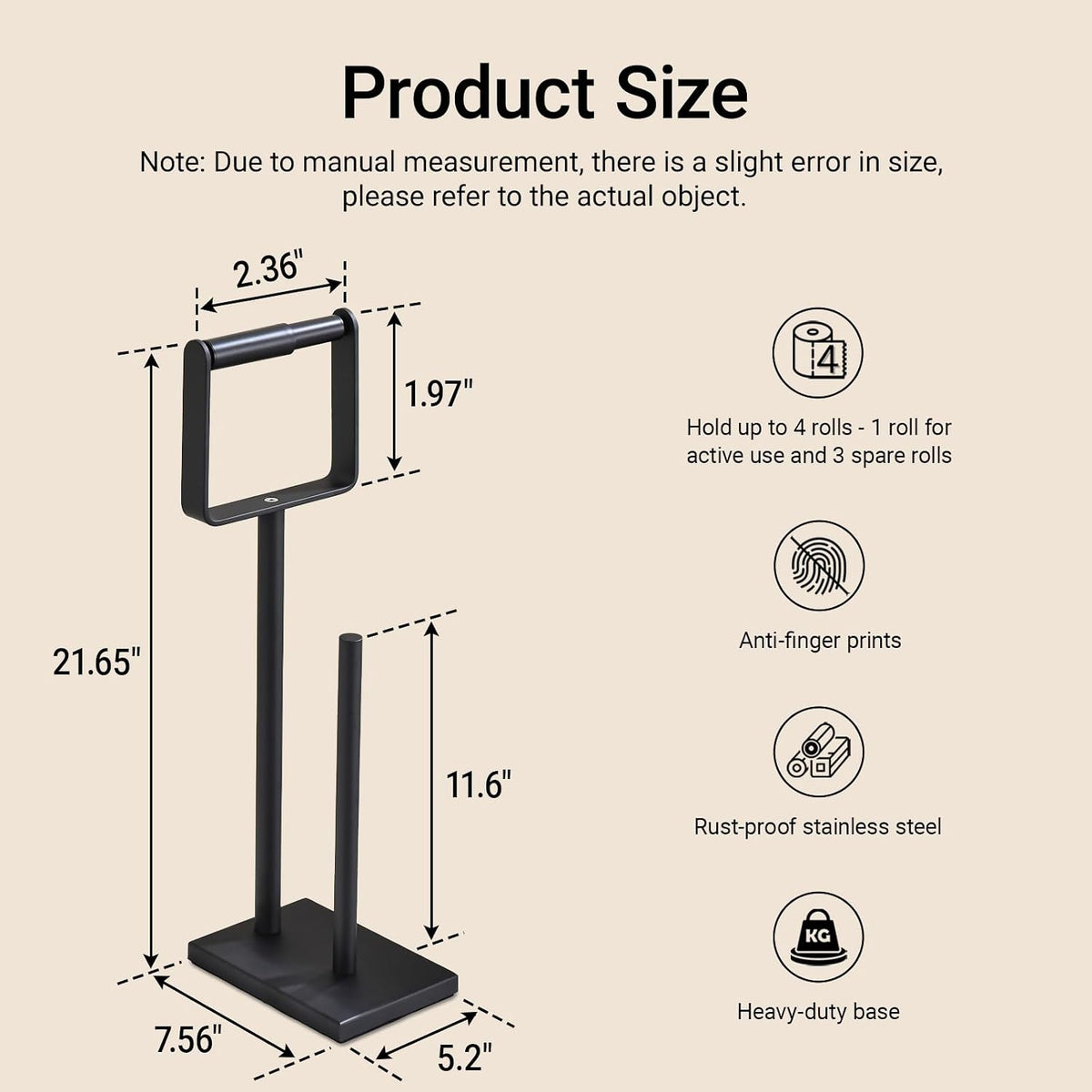 Hoooh Free Standing Toilet Paper Stand with Reserve Storage, Matte Black