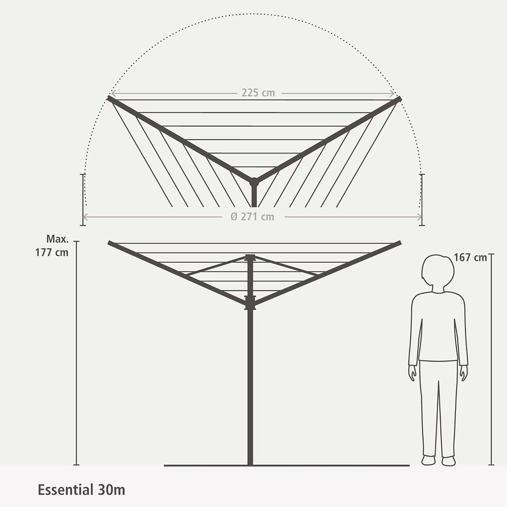 Brabantia Essential Outdoor 3 Arm Clothesline (98 ft/Ø 1.4") Dry Clothes Outside, Spacious Washing Line & Hanger Hooks, Folding Garden Umbrella Clothes Drying Rack + Concrete Ground Tube (Gray)