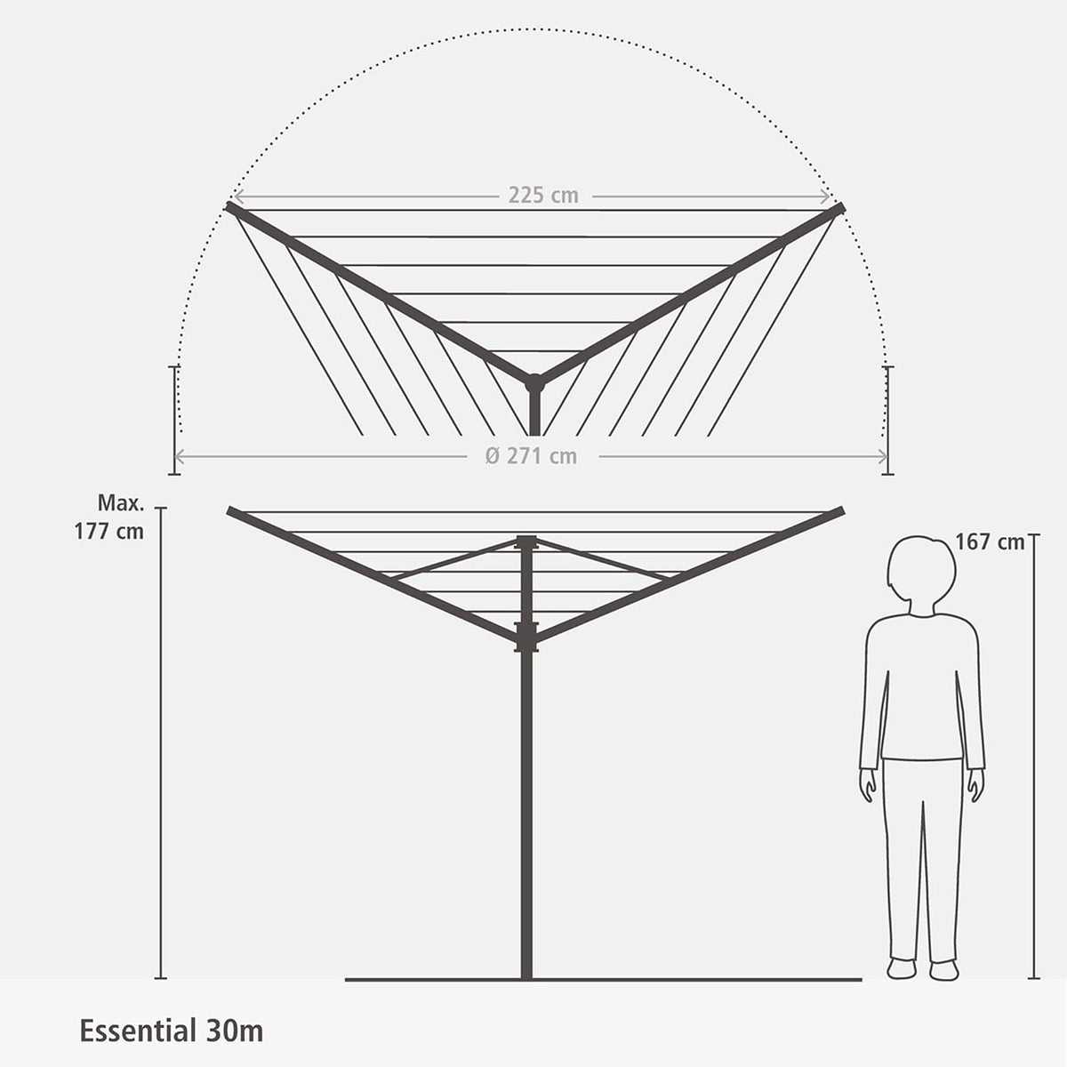 Brabantia Essential Outdoor 3 Arm Clothesline (98 ft/Ø 1.4") Dry Clothes Outside, Spacious Washing Line & Hanger Hooks, Folding Garden Umbrella Clothes Drying Rack + Concrete Ground Tube (Gray)
