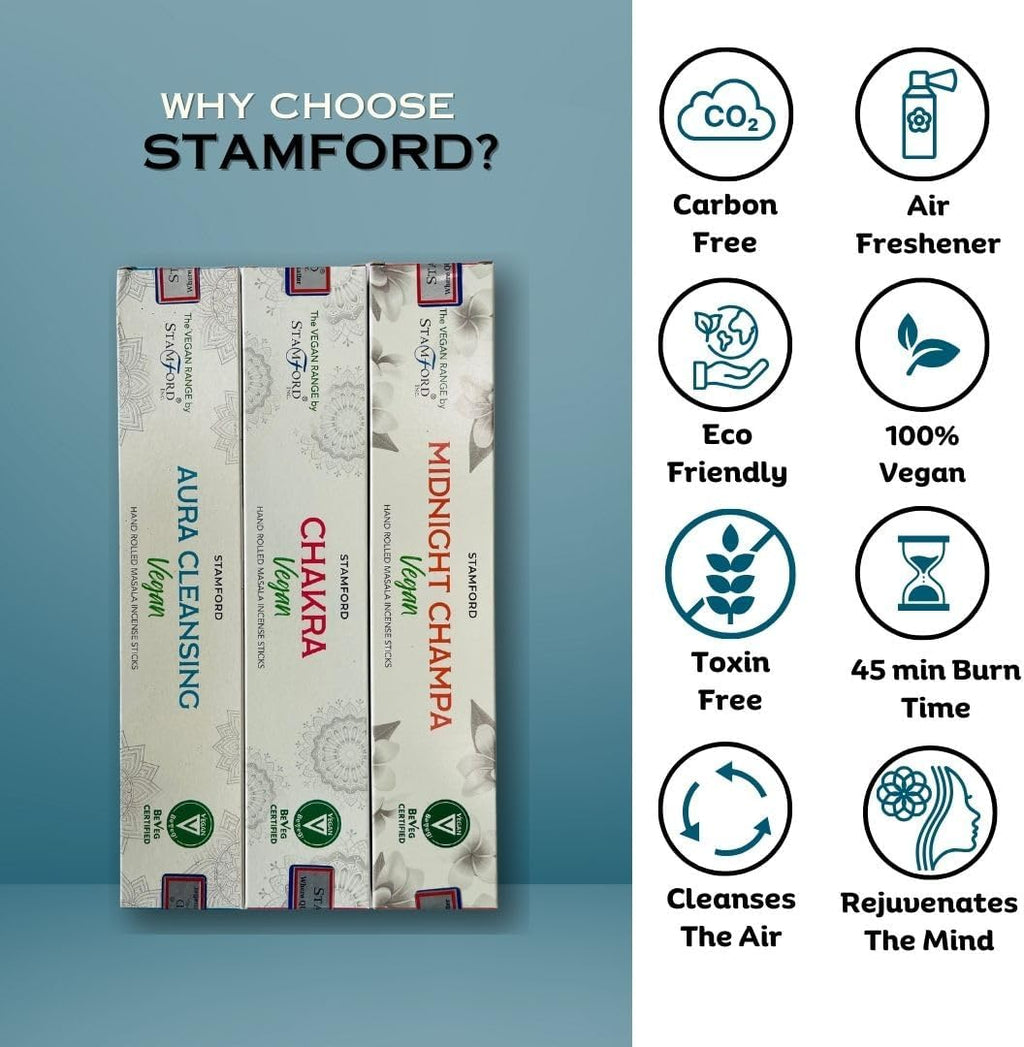Stamford Masala Vegan Incense Sticks Variery Pack - 180 Incense Sticks | Exclusive Vegan Range Collection | Best for Meditation,Yoga,Aroma Therapy, Relaxation