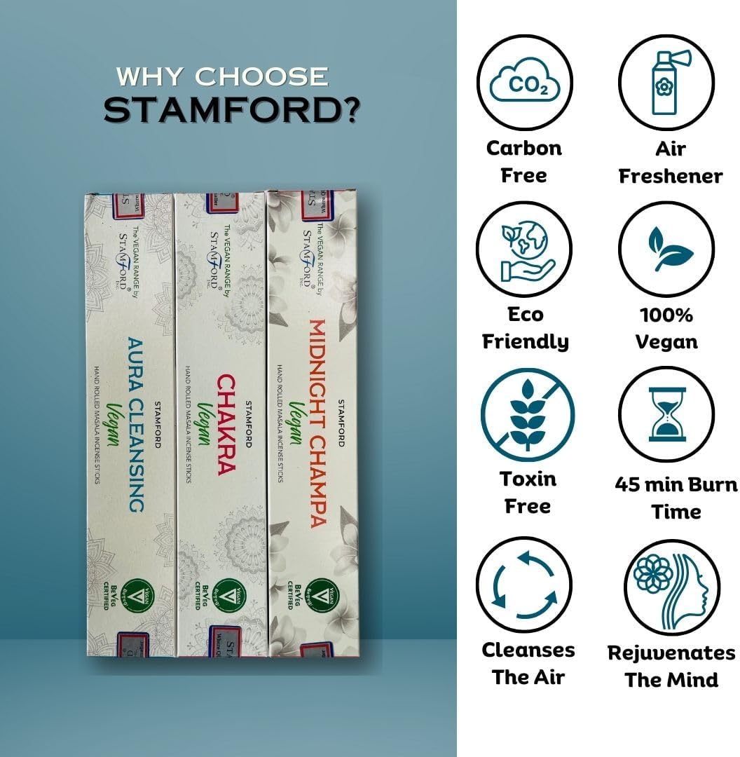 Stamford Masala Vegan Incense Sticks Variery Pack - 180 Incense Sticks | Exclusive Vegan Range Collection | Best for Meditation,Yoga,Aroma Therapy, Relaxation