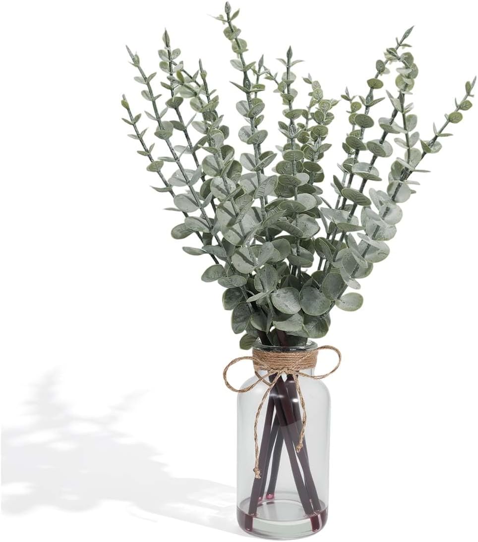 SwanMoon Artificial Eucalyptus Stems in Glass Vase with Faux Water, 17.5 Inch Mini Faux Greenery Plant for Bathroom Vanity, Coffee Table, Farmhouse Office, Wedding Home Table Centerpieces Decor