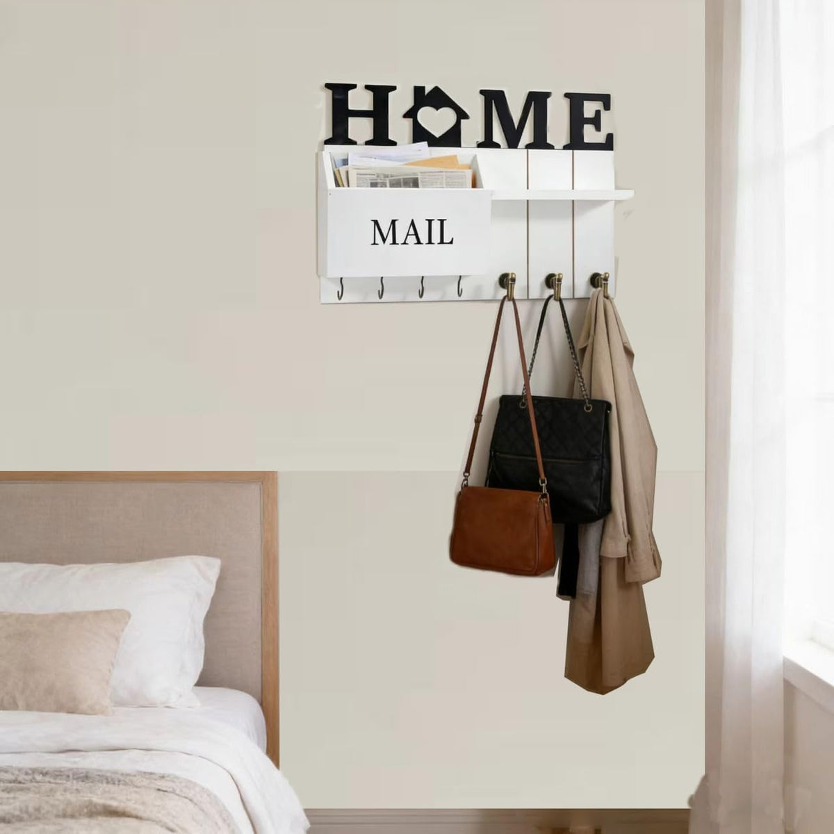 Rustic Wall Key Holder with Shelf & Hooks - Wall Mounted Mail Organizer for Entryway | Wooden Key Rack for Keys, Coats, Dog Leash-White
