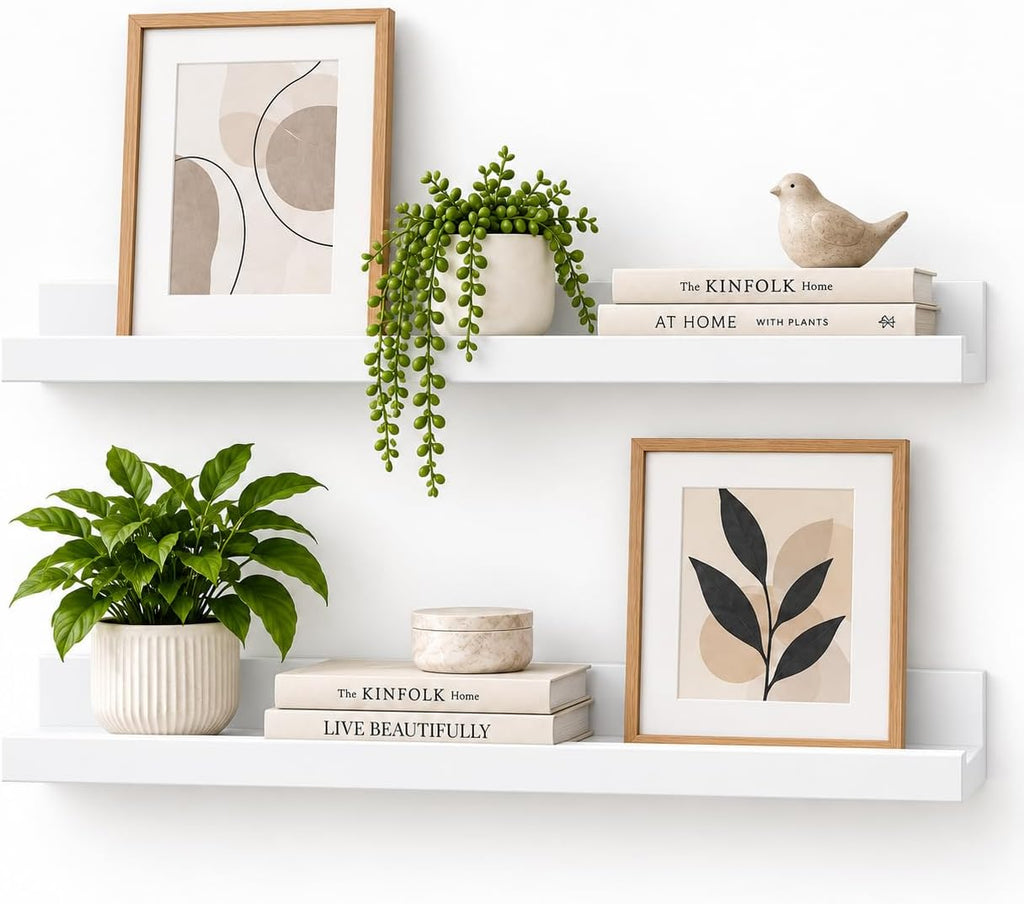 Greenco Picture Shelf, Set of 2 Wall Mounted Photo Ledge Floating Shelves for Bedroom, Living Room, Kitchen, Bathroom, Nursery Display, White Finish