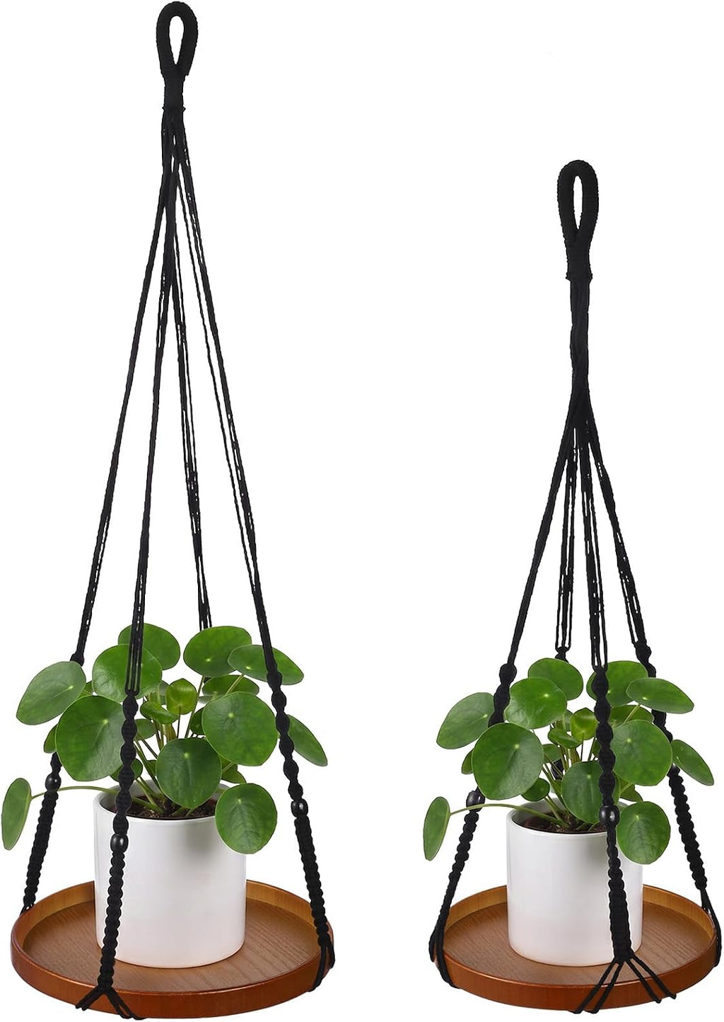 2 Pack Macrame Plant Hanger, 41'' & 32'' Plant Hanger Indoor Set with 12'' & 9.8'' Wood Trays, Bohemian Hanging Planter with Hooks for Living Room Window, Home Decor