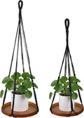2 Pack Macrame Plant Hanger, 41'' & 32'' Plant Hanger Indoor Set with 12'' & 9.8'' Wood Trays, Bohemian Hanging Planter with Hooks for Living Room Window, Home Decor