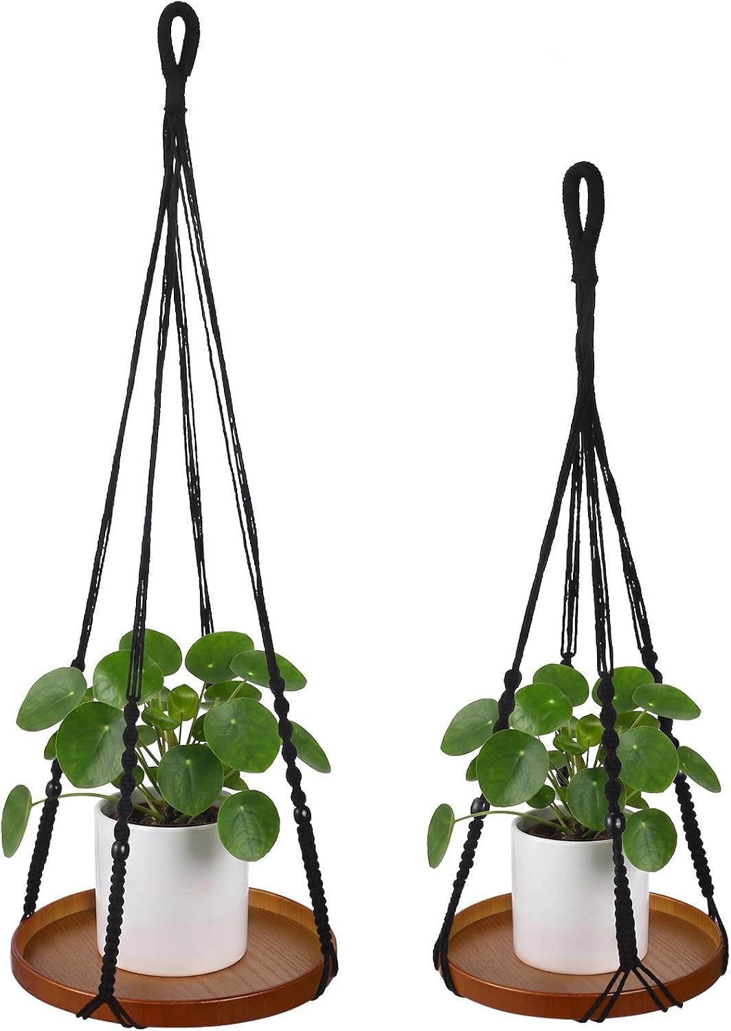 2 Pack Macrame Plant Hanger, 41'' & 32'' Plant Hanger Indoor Set with 12'' & 9.8'' Wood Trays, Bohemian Hanging Planter with Hooks for Living Room Window, Home Decor