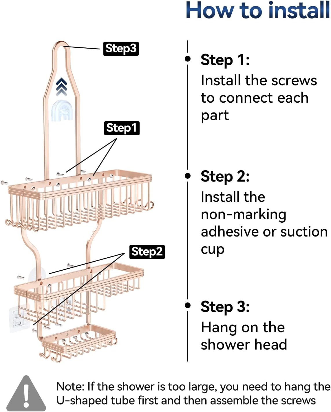 YASONIC Never Rust Shower Caddy Hanging, Aluminum Shower Racks for Inside Shower, 3-Tier Shower Organizer Hanging Over Shower Head with Hooks and Soap Holder, Rose Gold