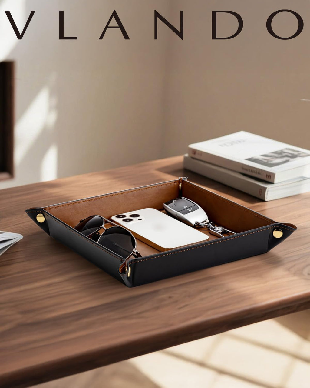 VLANDO Travel Valet Tray, Foldable PU Leather Catchall Tray, Light Brown