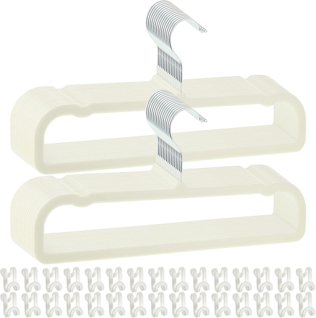 Pants Hangers Space Saving, 30 Pack Velvet Hangers for Closet with 30 Hooks, Strong Durable Non Slip Slim Clothes Hanger, Ultra Soft Flocked Hanger for Pants, Shirts, Bra, Shorts (Cream)