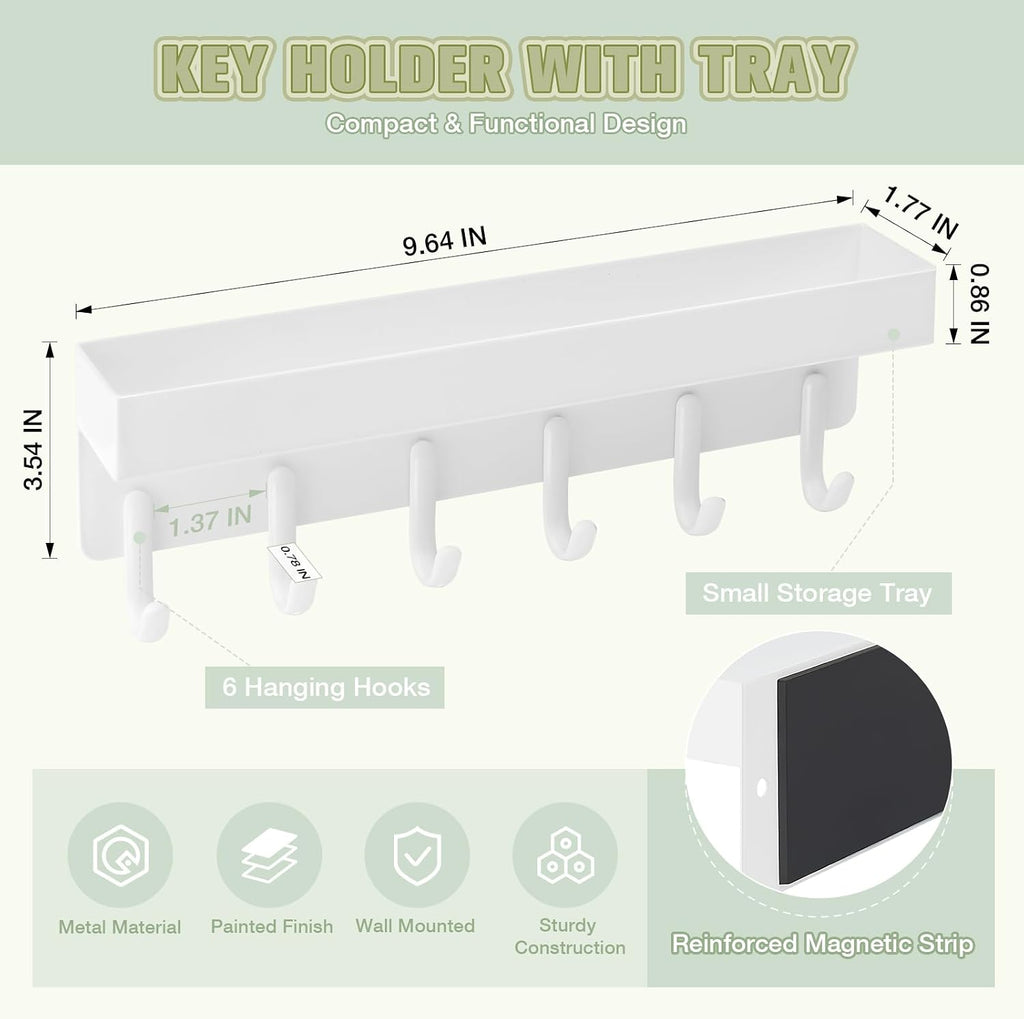 VIS'V Key Holder Wall Mount, Magnetic Key Rack with Tray, 6 Hooks, White