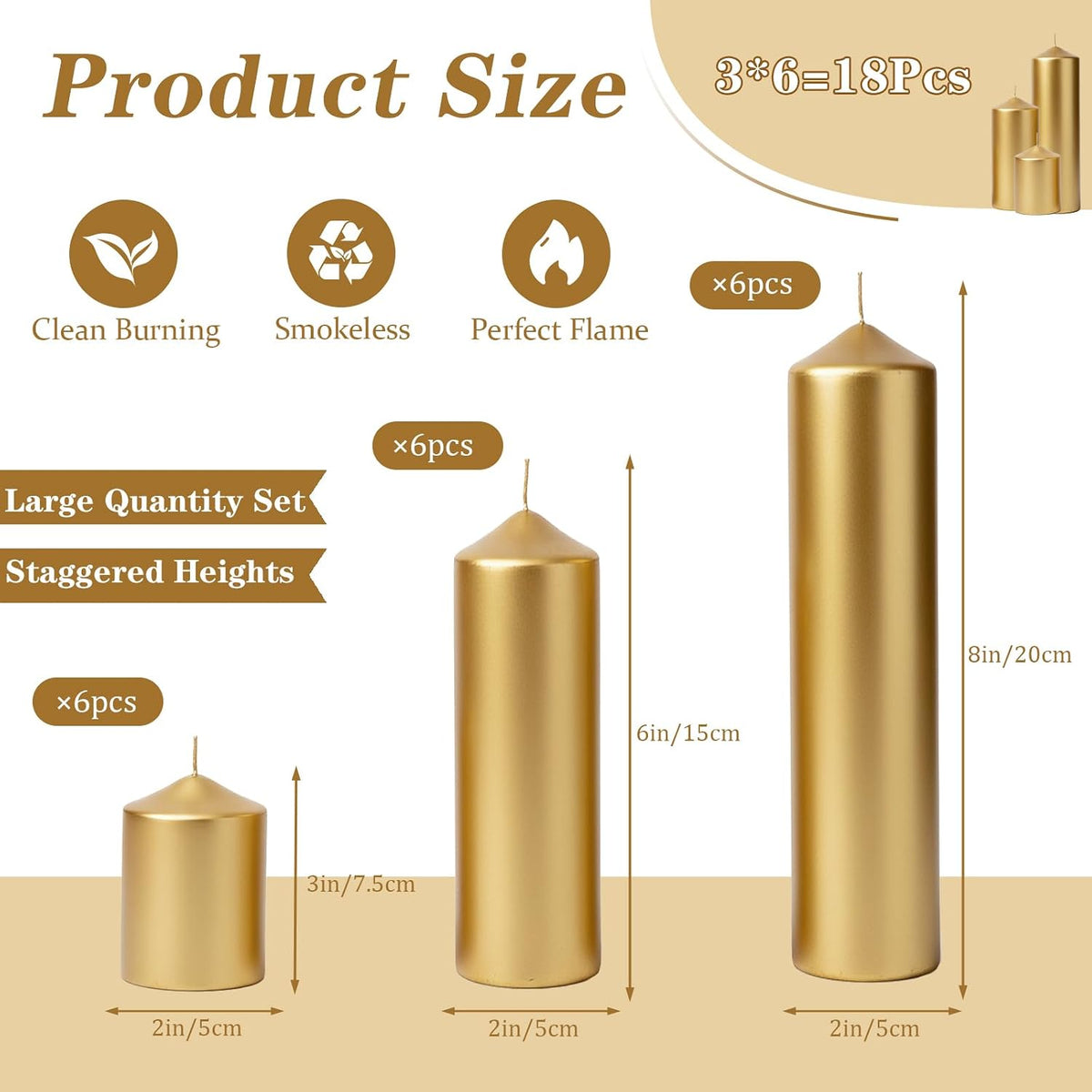 18 Pcs Gold Pillar Candles Bulk Set，Hurricane Candles，3 Different Lengths (6 Each)，Dripless Unscented Smokeless，Suitable for Decorating Christmas, Weddings, and Other Events！