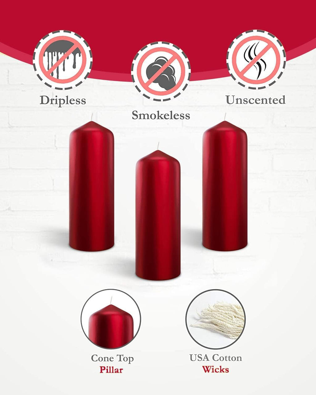 Metallic Cone Top Pillar Candles by Bask - Set of 3-3" x 6" Dripless Unscented Holiday Candles in Metallic Red for Home Decor, Relaxation & All Occasions