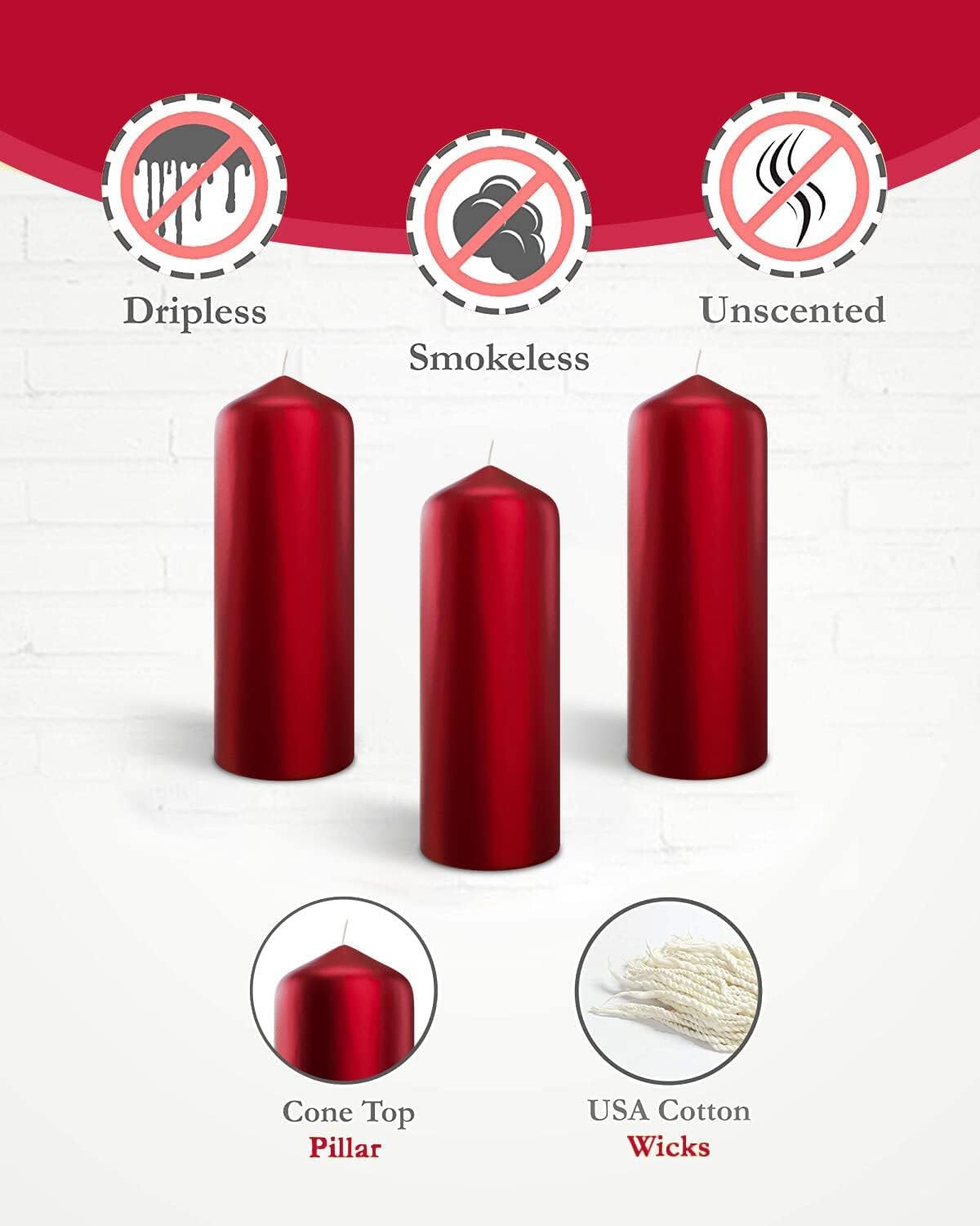 Metallic Cone Top Pillar Candles by Bask - Set of 3-3" x 6" Dripless Unscented Holiday Candles in Metallic Red for Home Decor, Relaxation & All Occasions