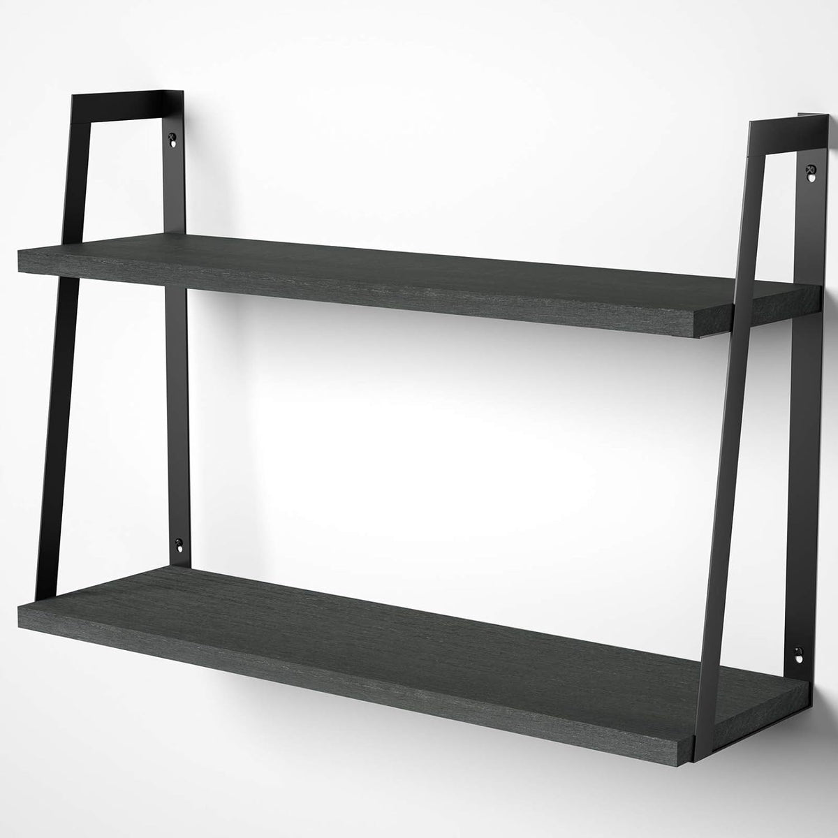 SRIWATANA Black 2-Tier Floating Wall Shelves, Rustic Wood Storage Shelf Set