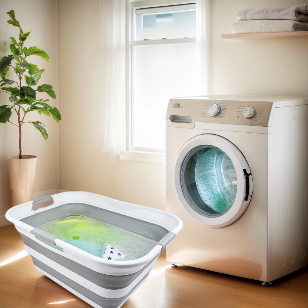 SAMMART 42L (11 gallon) Collapsible Plastic Laundry Basket - Foldable Pop Up Storage Container/Organizer - Portable Washing Tub - Space Saving Hamper/Basket (White/Grey (Set of 2))