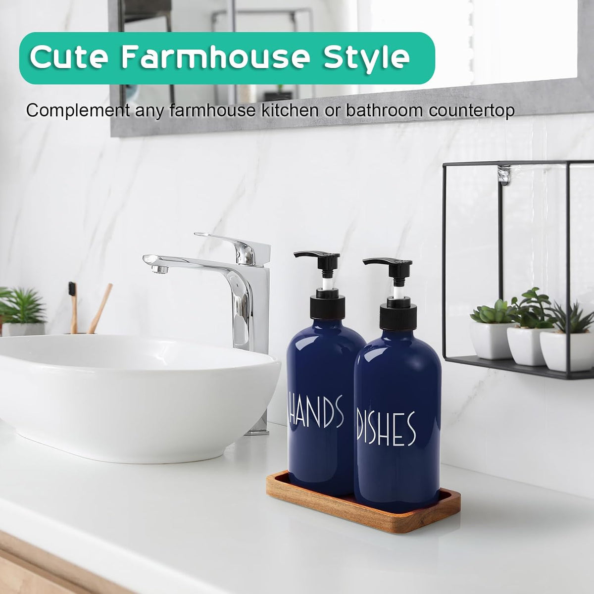 Navy Blue Dish Soap Dispenser for Kitchen - 16 OZ Hand Soap Dispenser Set with Acacia Wood Tray - Blue Kitchen Bathroom Home Decor and Accessories