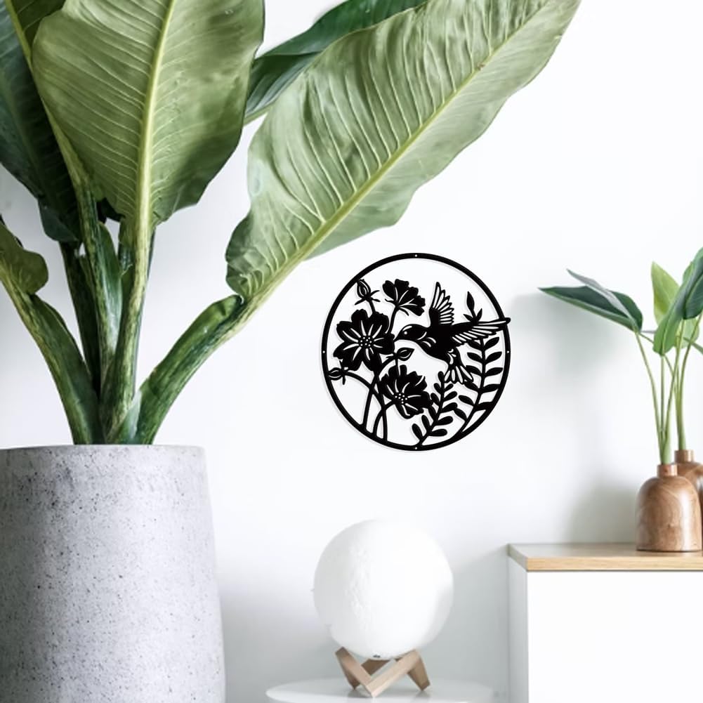 NBEADS Plant Bird Metal Wall Art Decor, Oval Matte Wall Hanging Decor Silhouette Wall Art for Home Bedroom Living Room Garden Hotel Office Wall Christmas Festival Decoration Gift, 11.1×11.6"