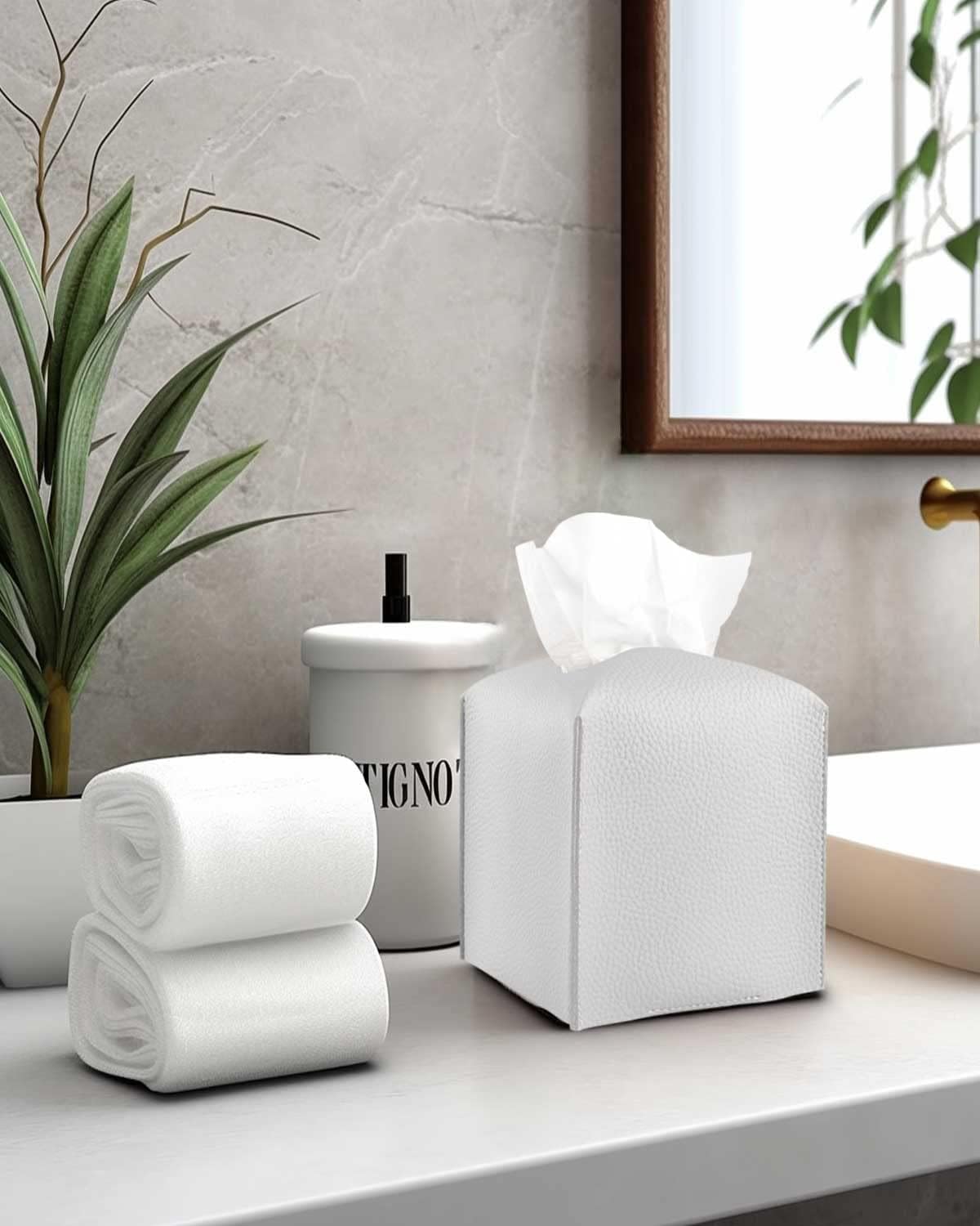 Tissues Cube Box Cover Leather – with Bottom Belt [JESMINI, Light Gray] Decorative Tissue Box Cover for Bathroom Vanity Countertop/Night Stands/Office Desk