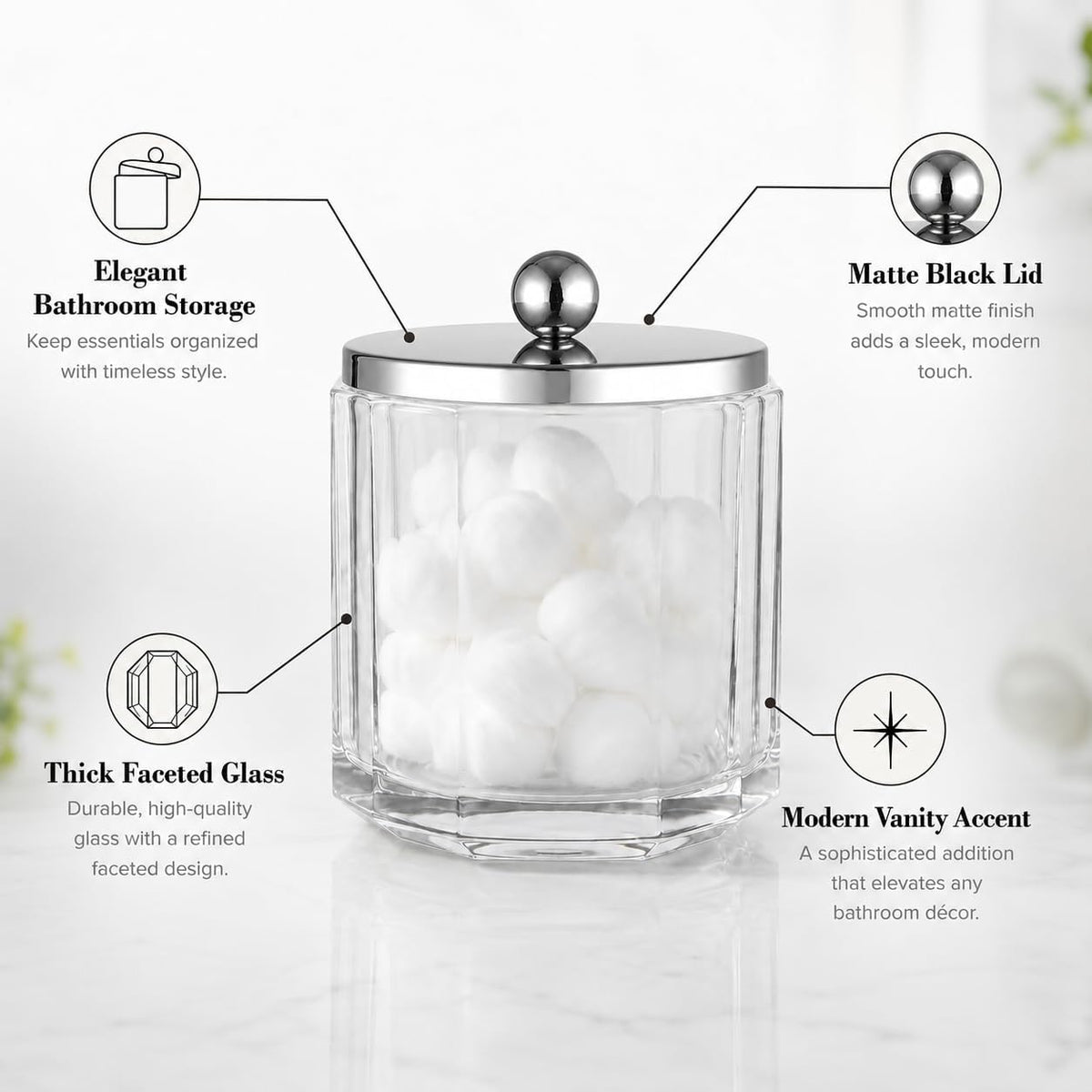 Clear Transparent Apothecary Octagional Shaped Glass Canister Jar With Silver/Chrome Metal Lid Cover for Bathroom Organization, Cotton Balls, Q Tips, and Small Accessories, Bath Storage