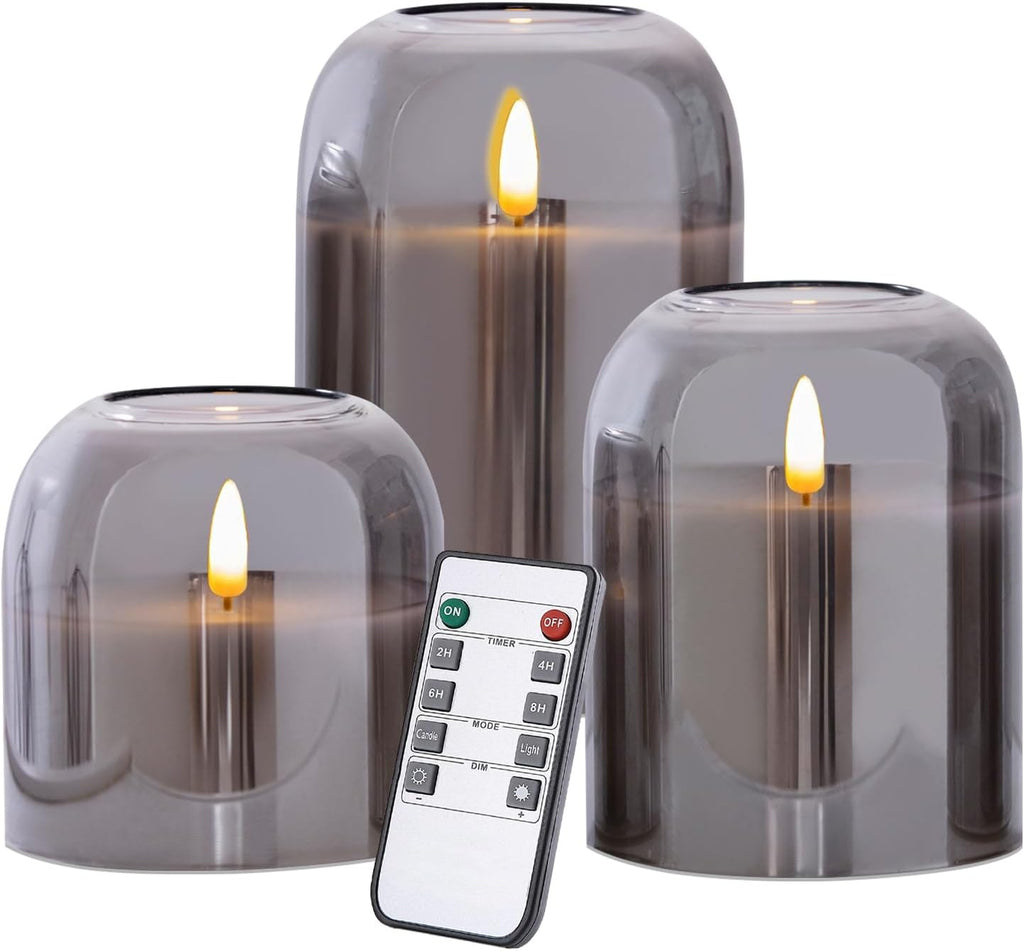 volnyus Grey Glass Flameless Candles with Remote Set of 3 Battery Operated Flickering LED Pillar Candles Real Wax Wick Φ 4" H 4" 5" 6", Gray