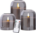 volnyus Grey Glass Flameless Candles with Remote Set of 3 Battery Operated Flickering LED Pillar Candles Real Wax Wick Φ 4" H 4" 5" 6", Gray