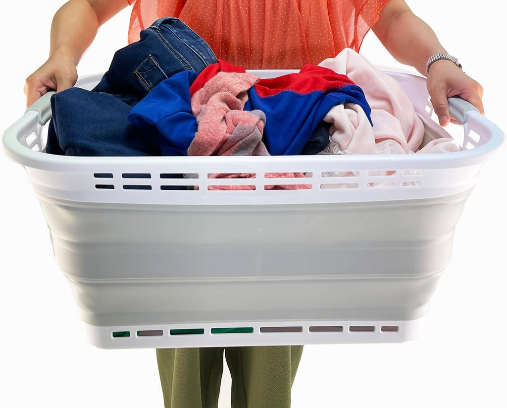 SAMMART 42L (11 gallons) Collapsible Plastic Laundry Hamper/Basket - Foldable Storage Container/Organizer - Portable Laundry Basket - Easy Storage Space Saving (White/Light Grey)