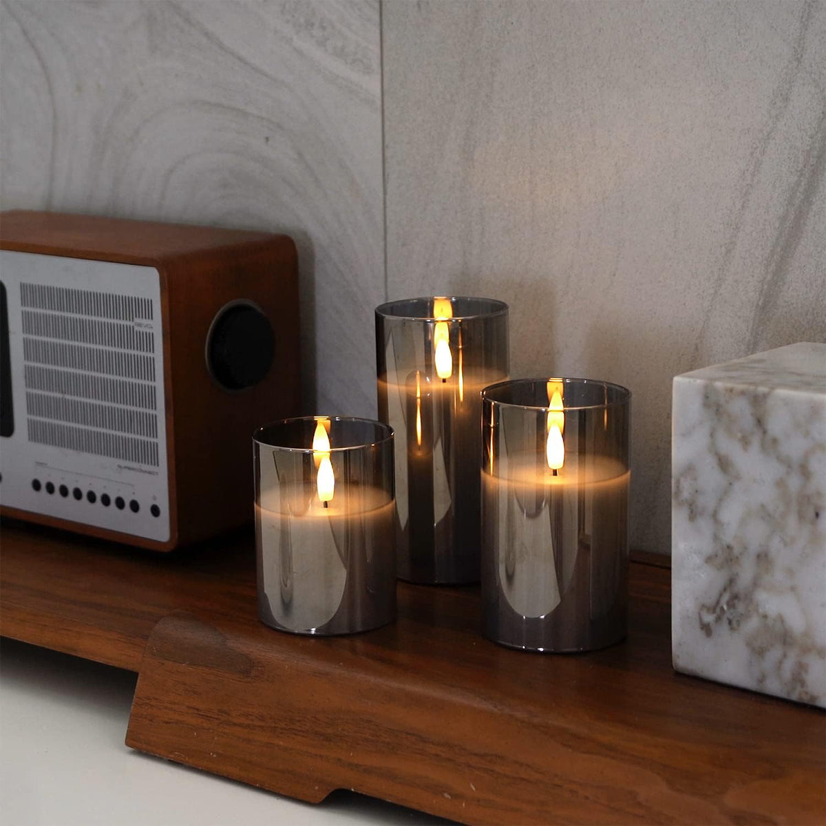 Amagic Gray Glass Flameless LED Candles Battery Operated with Remote Timer