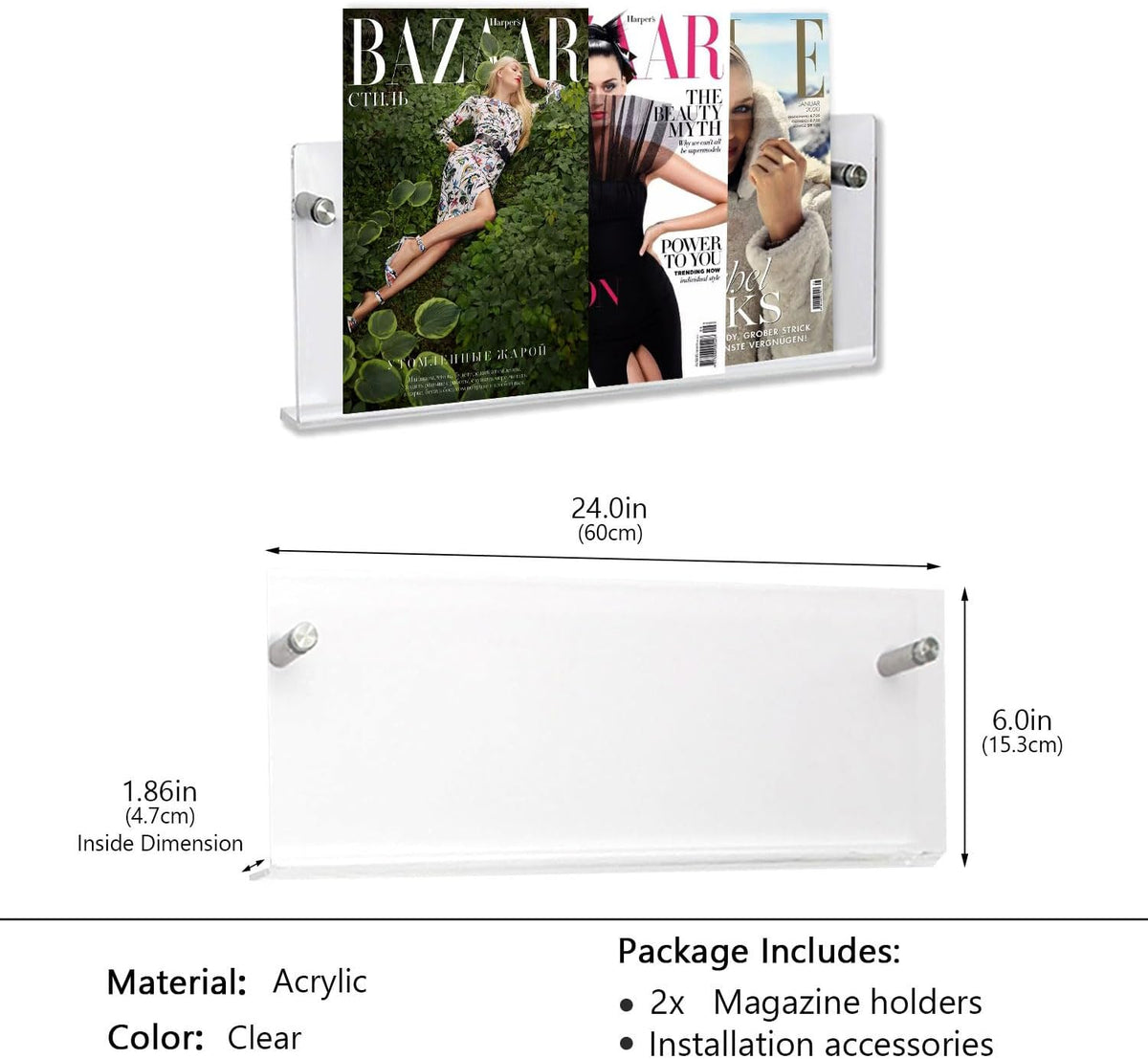 2-Pack Acrylic Magazine Holder Brochure Holder, 24Inch Clear Hanging Magazine Rack Floating Book Display, Magazine Holder Wall For Home, Office, Reception Area