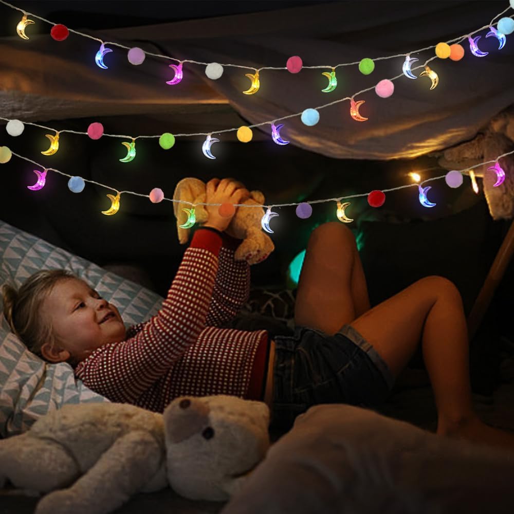 Colroful Moon Lights with Pom Poms Bedroom Decor Twinkle Lights