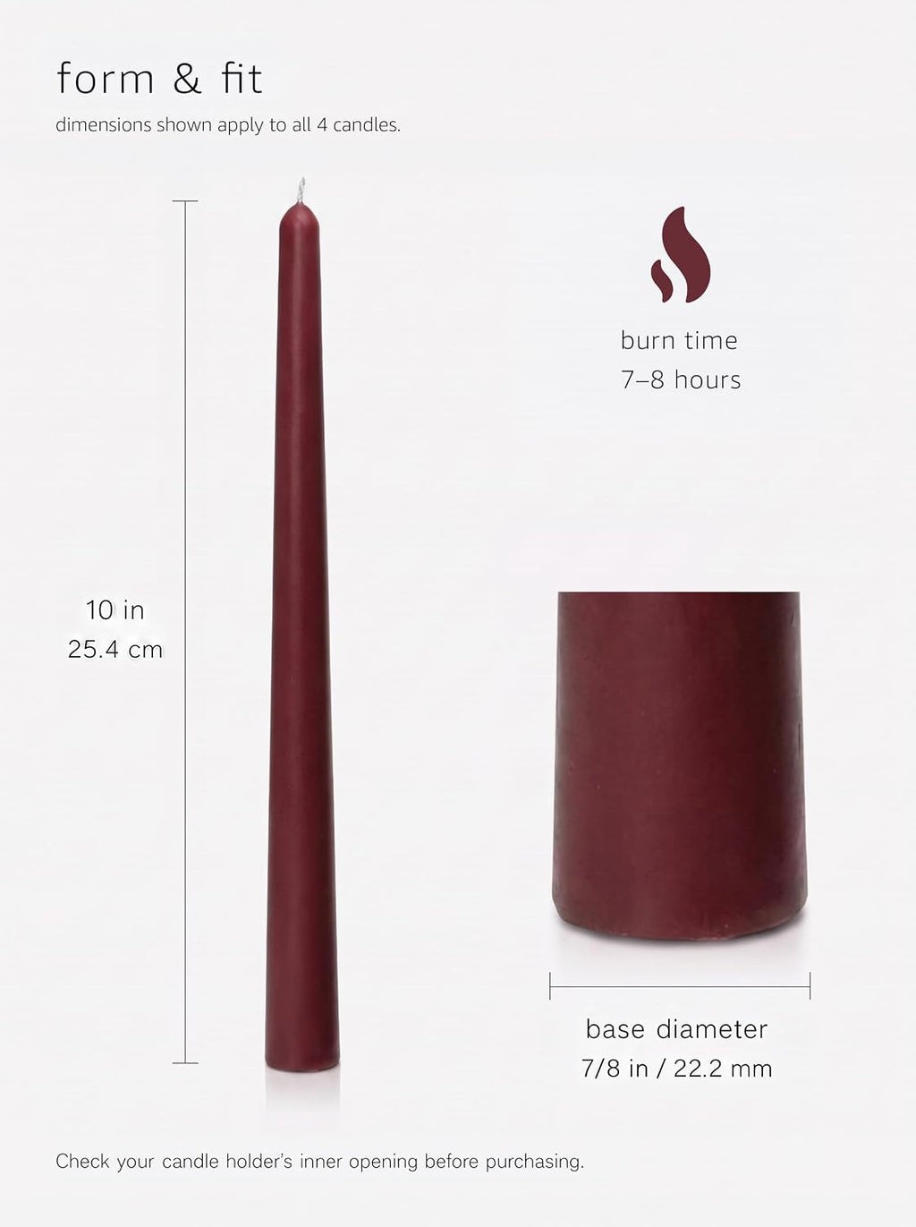 10" Classic Taper Candles, Autumn Earth Tone, 4-Pack, Burgundy, Terracotta, Burnt Orange and Warm Beige, 7-8 Hours Long Burning, Unscented Tall Candlesticks