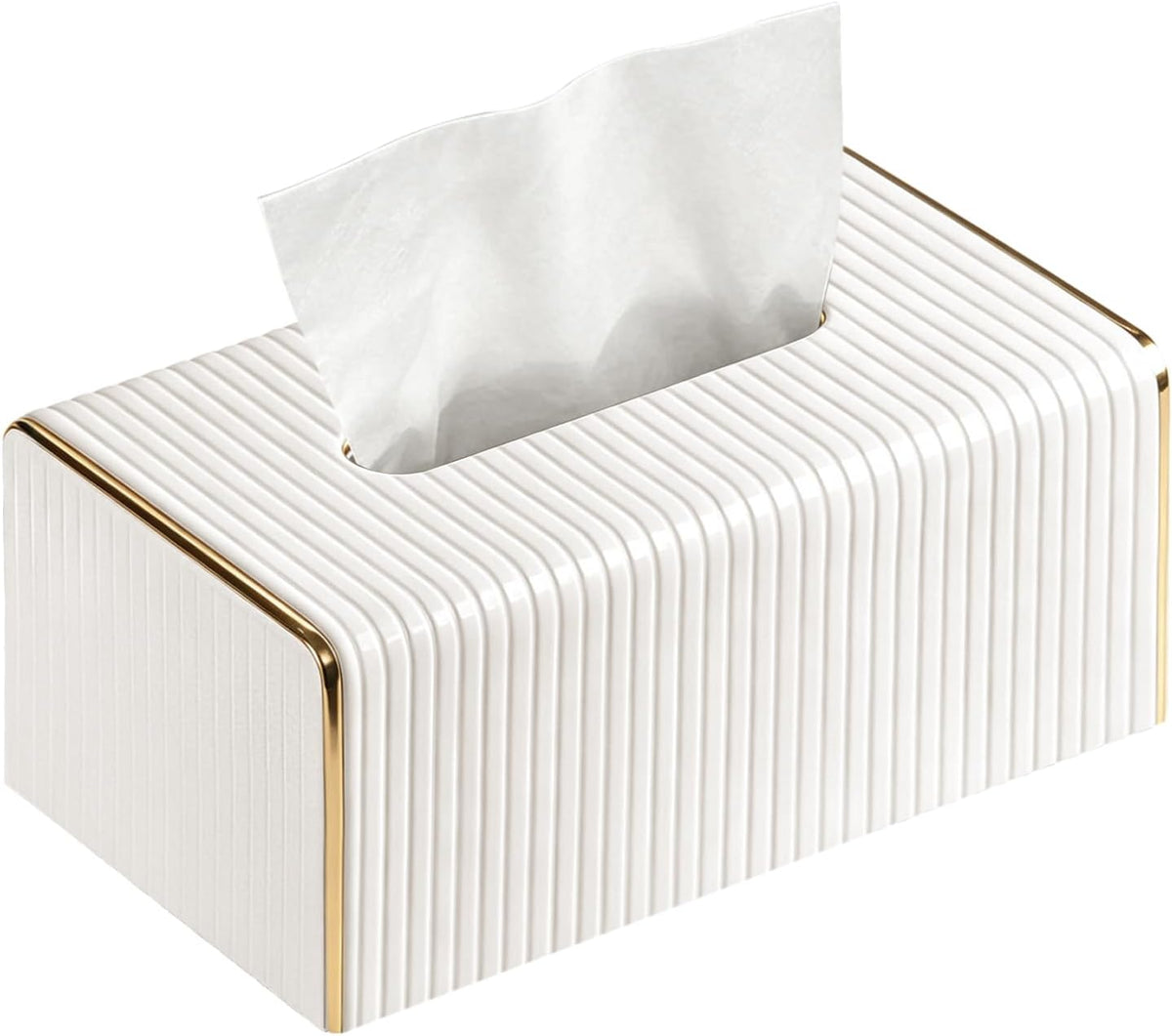 White Tissue Box Cover Rectangle, Tissues Holder with Gold Edging