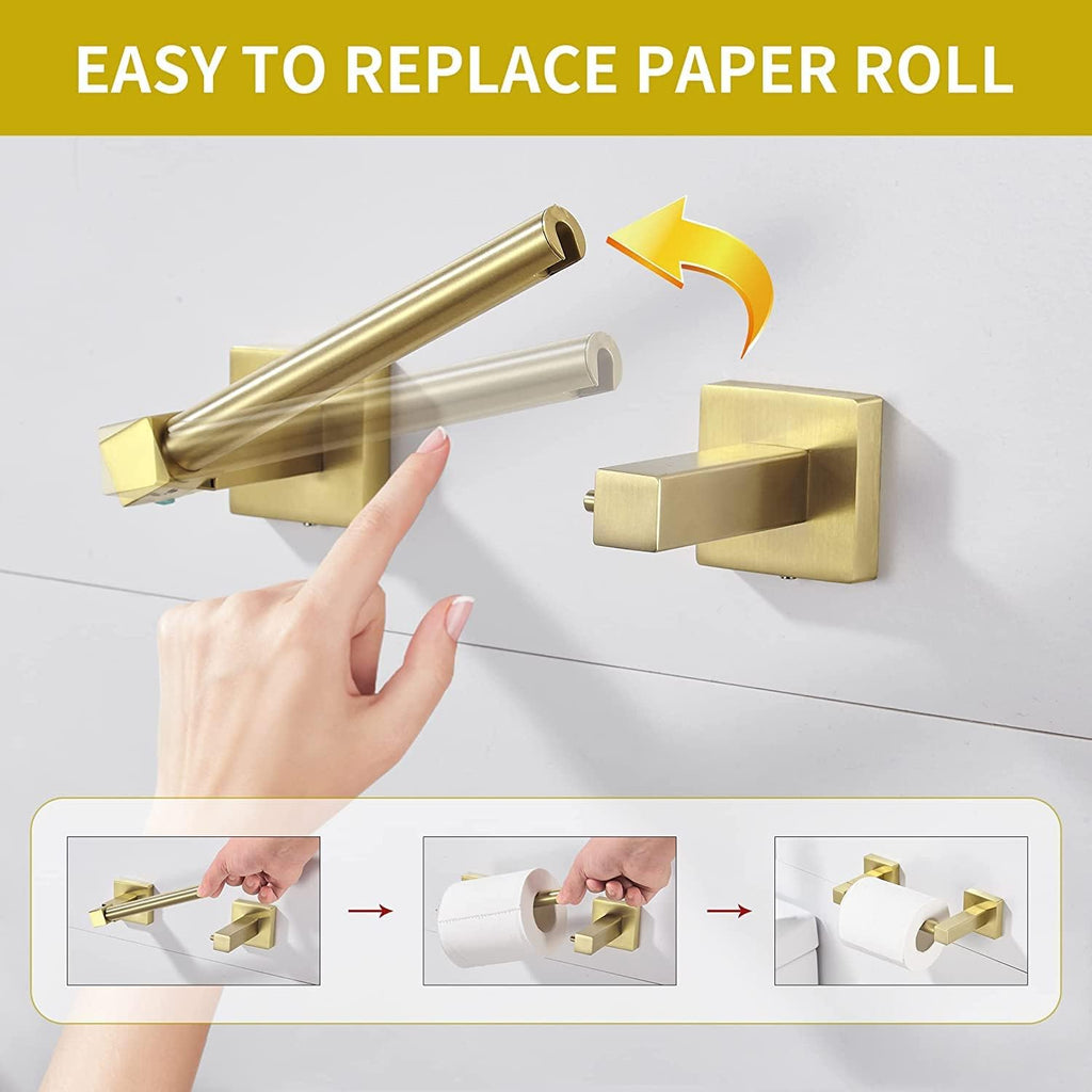 WOLIBEER Gold Toilet Paper Holder, Brushed Brass Toilet Roll Holder, Double Post Pivoting Modern Tissue Hanger Wall Mount for Bathroom Toilet Kitchen Stainless Steel