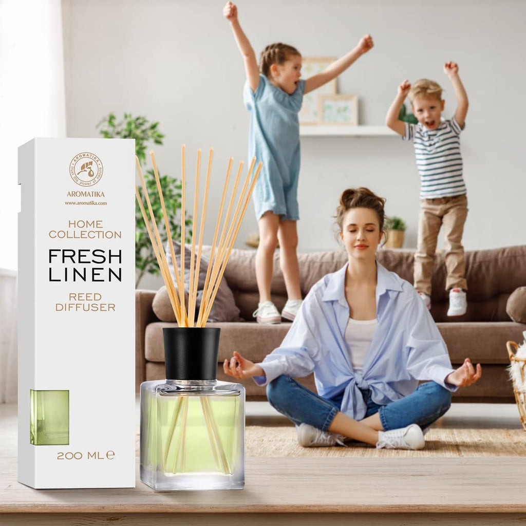 Reed Diffuser Fresh Linen 6.8 Fl Oz - Scented Reed Diffuser - Gift Set with Bamboo Sticks - Best for Aromatherapy - SPA - Home - Office - Fitness Club