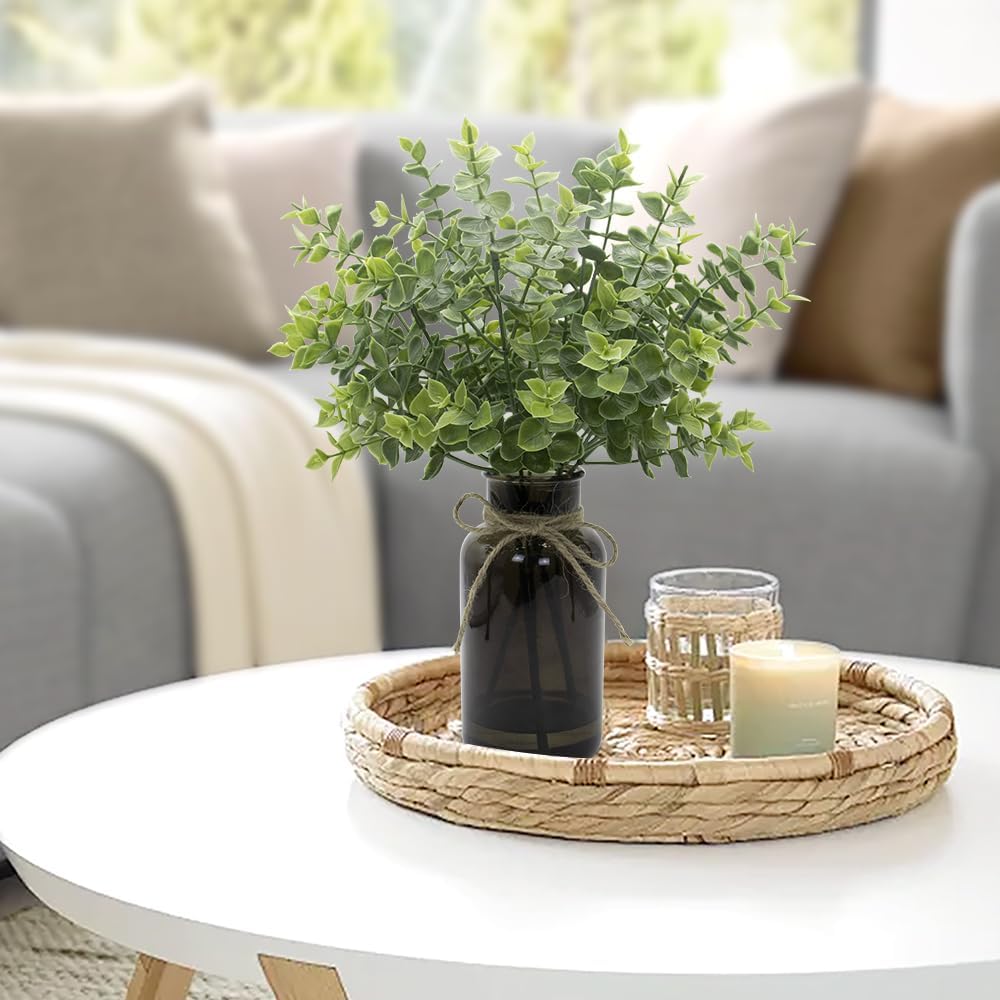 Fake Eucalyptus Stems in Black Glass Vase with Faux Water for Home Decor