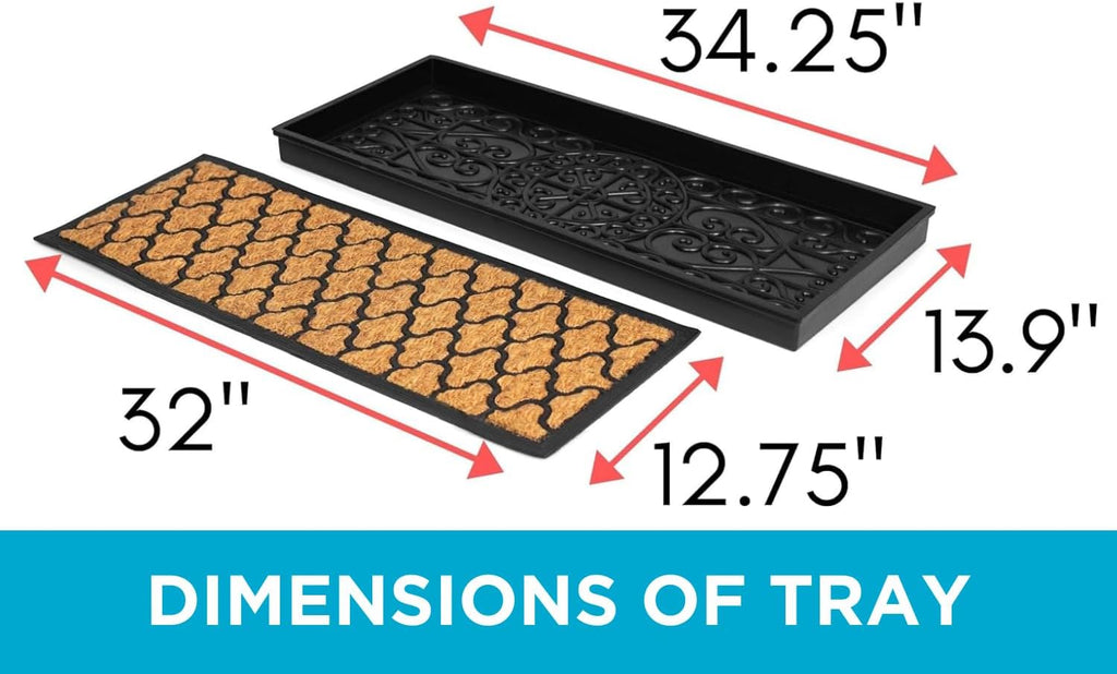 Rubber Boot & Shoe Tray | Coir Insert | 34" x 14" | Waterproof Shoe Tray for entryway | Trellis Pattern