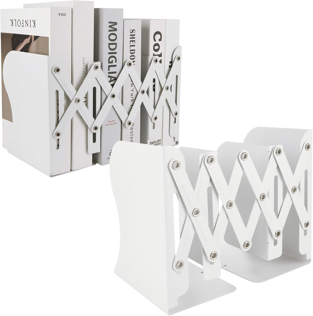 SHUESS 2 Pack Adjustable Bookends, Expandable Metal Book Holder With 2 Dividers, White Stoppers for Heavy Duty Books, Desk Ends for Shelves, Office & School