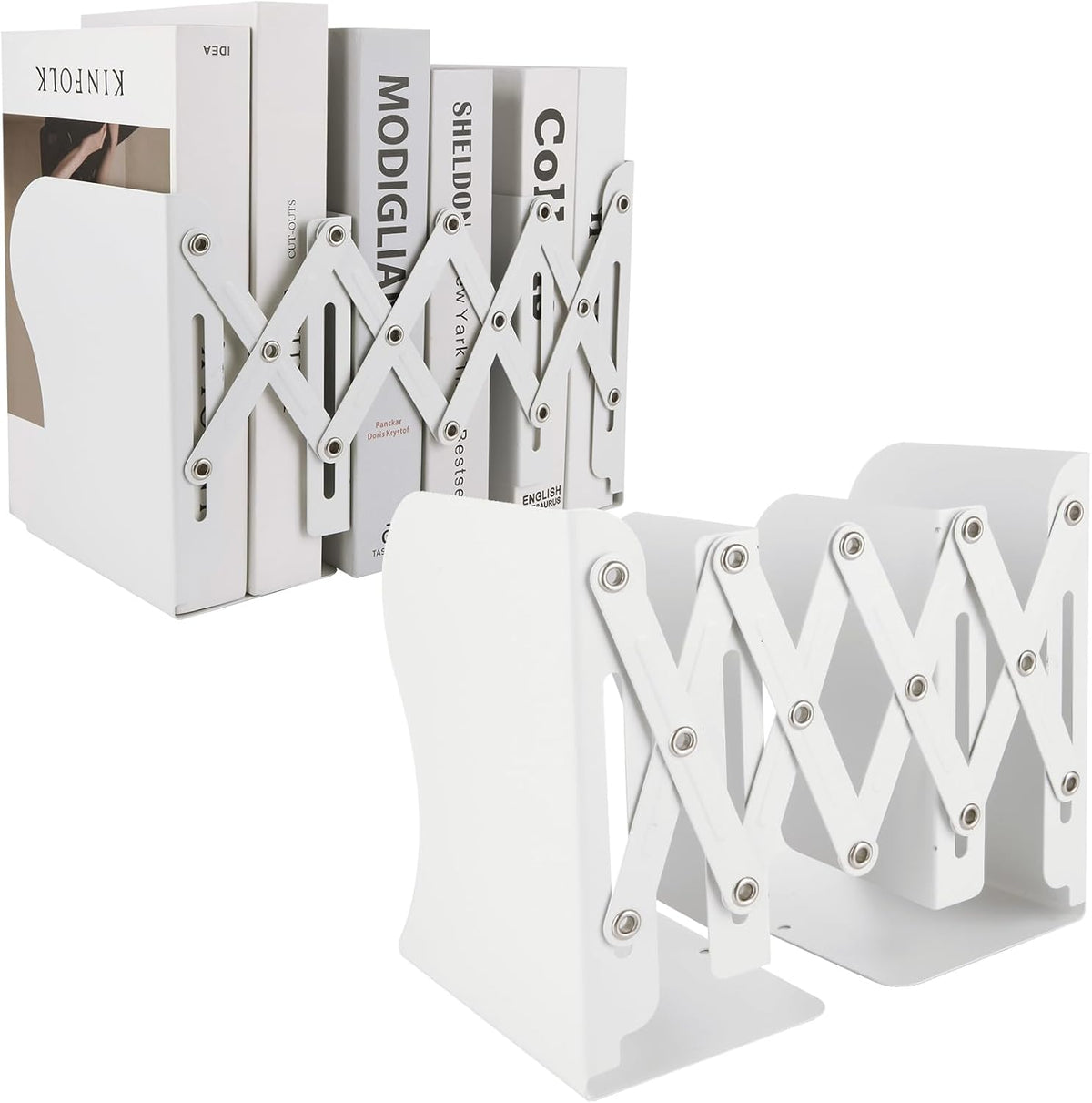 SHUESS 2 Pack Adjustable Bookends, Expandable Metal Book Holder With 2 Dividers, White Stoppers for Heavy Duty Books, Desk Ends for Shelves, Office & School