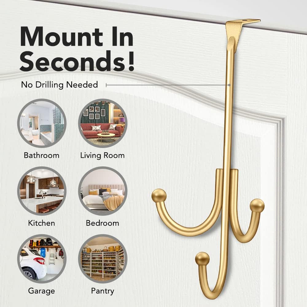 2-Pack Over The Door Hook - with 3 Hang Heads & Snug Fit Pads- 2Pcs Heavy Duty Hooks for Hanging Coats, Towels, Caps & Robes - Elegant Matt Finish - No Drill Hanger Organizer - Gold