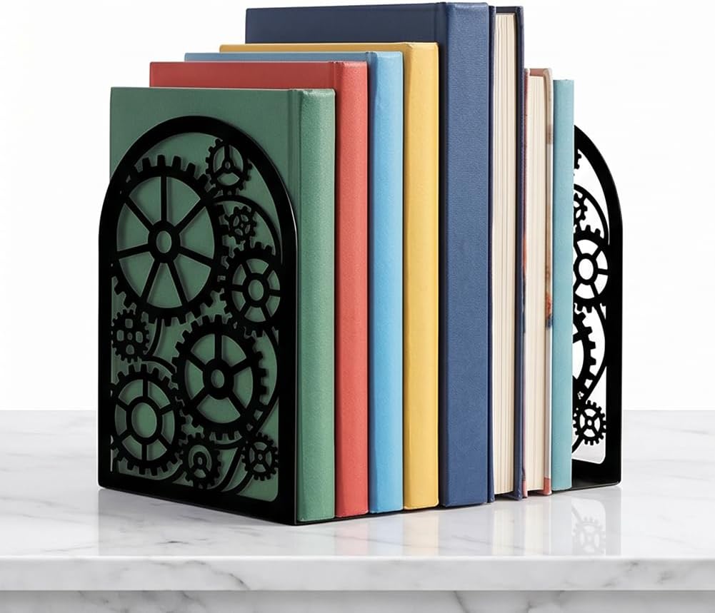 Gear Book Shelf Decorative Bookends for Shelves, Book Ends for Heavy Books, Interlocking Gear Design Metal Bookends for Desk Organizer, Office Library Decor Decorative Books for Home Decor