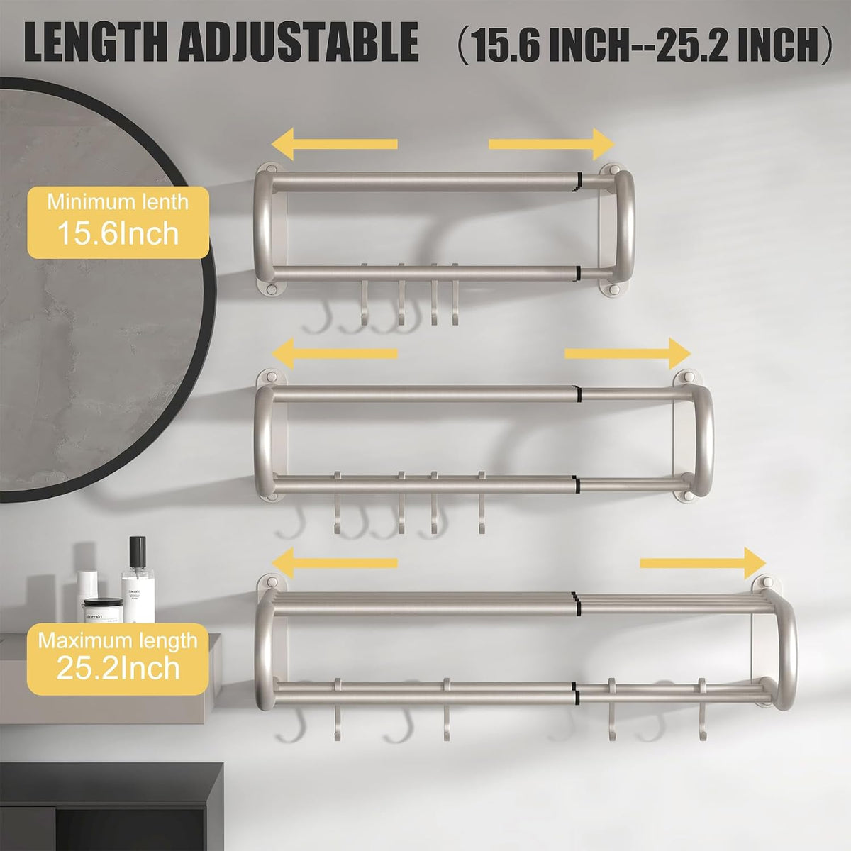 BESy Adjustable Bathroom Towel Rack with Shelf, Towel Bar, Nickel