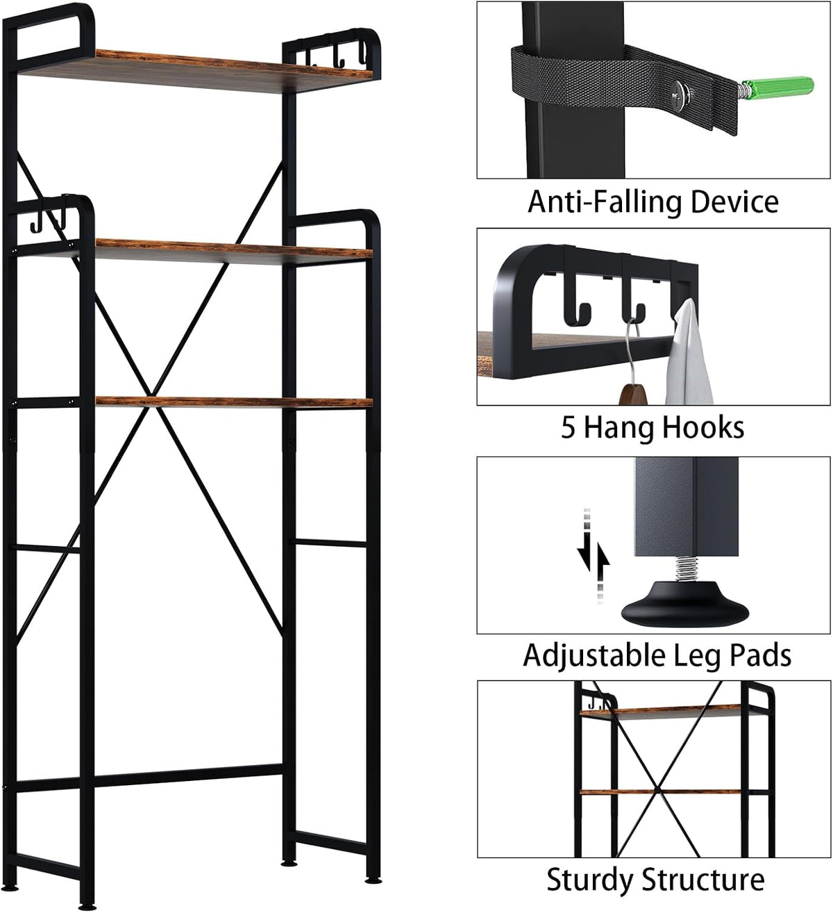 Huhote Over The Toilet Storage Rack with 3-Tier Bathroom Shelves, Space Saver Toilet Shelf, Bathroom Storage Organizer with Hooks for Over Toilet Storage and Shelf (Rustic Brown)