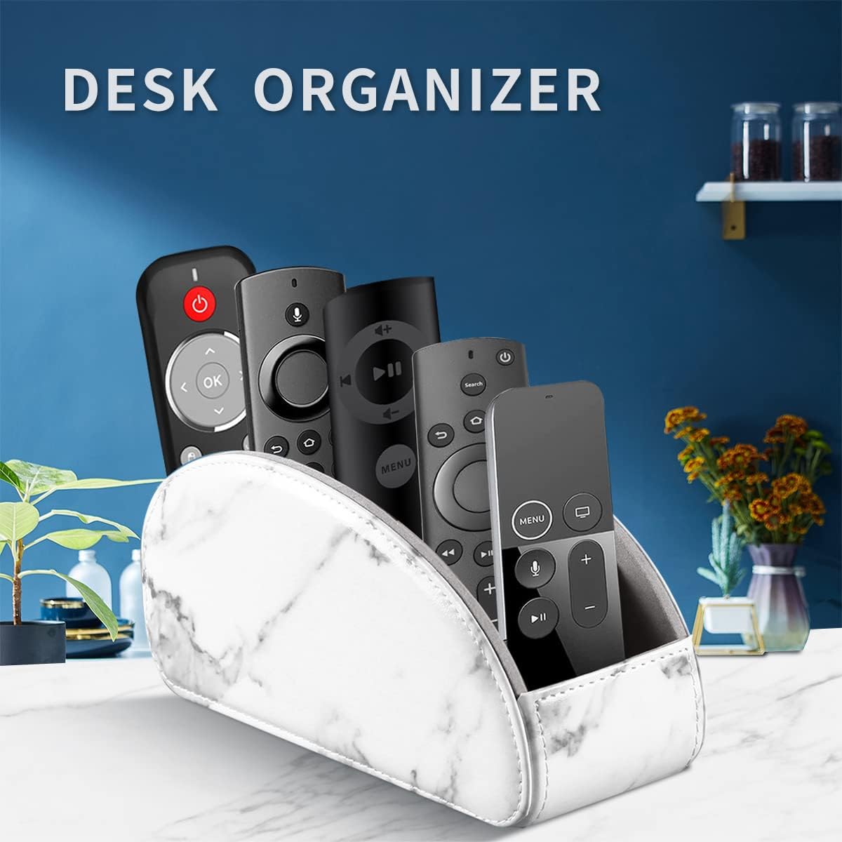 All-in-One Leather White TV Remote Holder for Remote Conrtols with 5 Compartments Nightstand Desktop Media Player Remote Caddy Storage Box Organizer Tray for Mobile Office Stationery Phone Controller