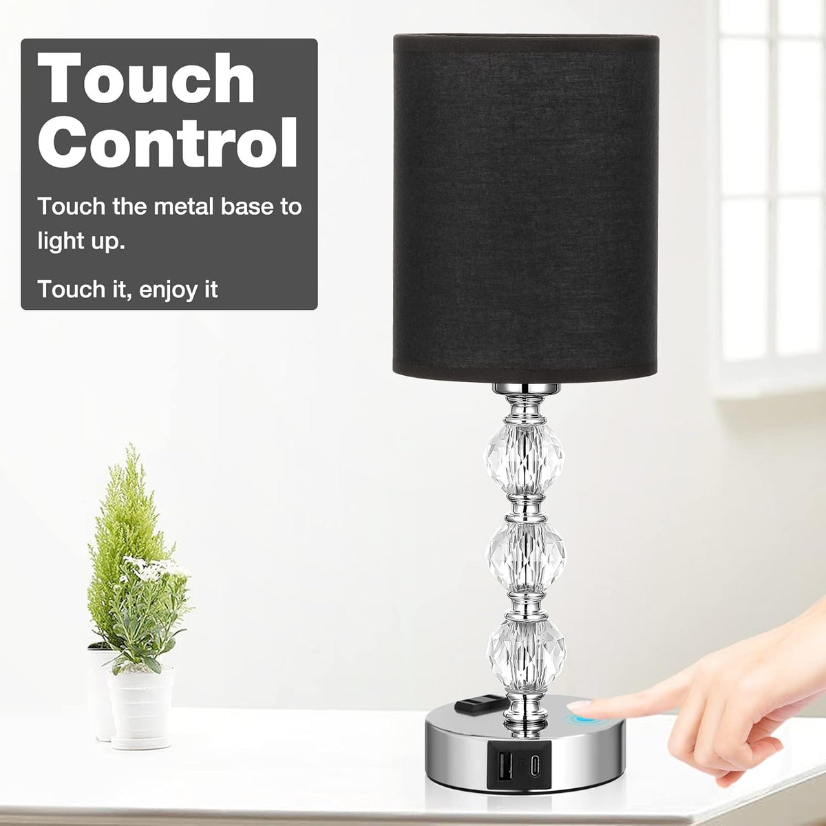 Black Touch Bedside Lamps for Bedrooms - Crystal Table Lamp with USB C+A Charging Port and AC Outlet Nightstand, 3 Way Dimmable Silver Small End Side Table Lamp for Living/Guest/Dinning Room/Kitchen