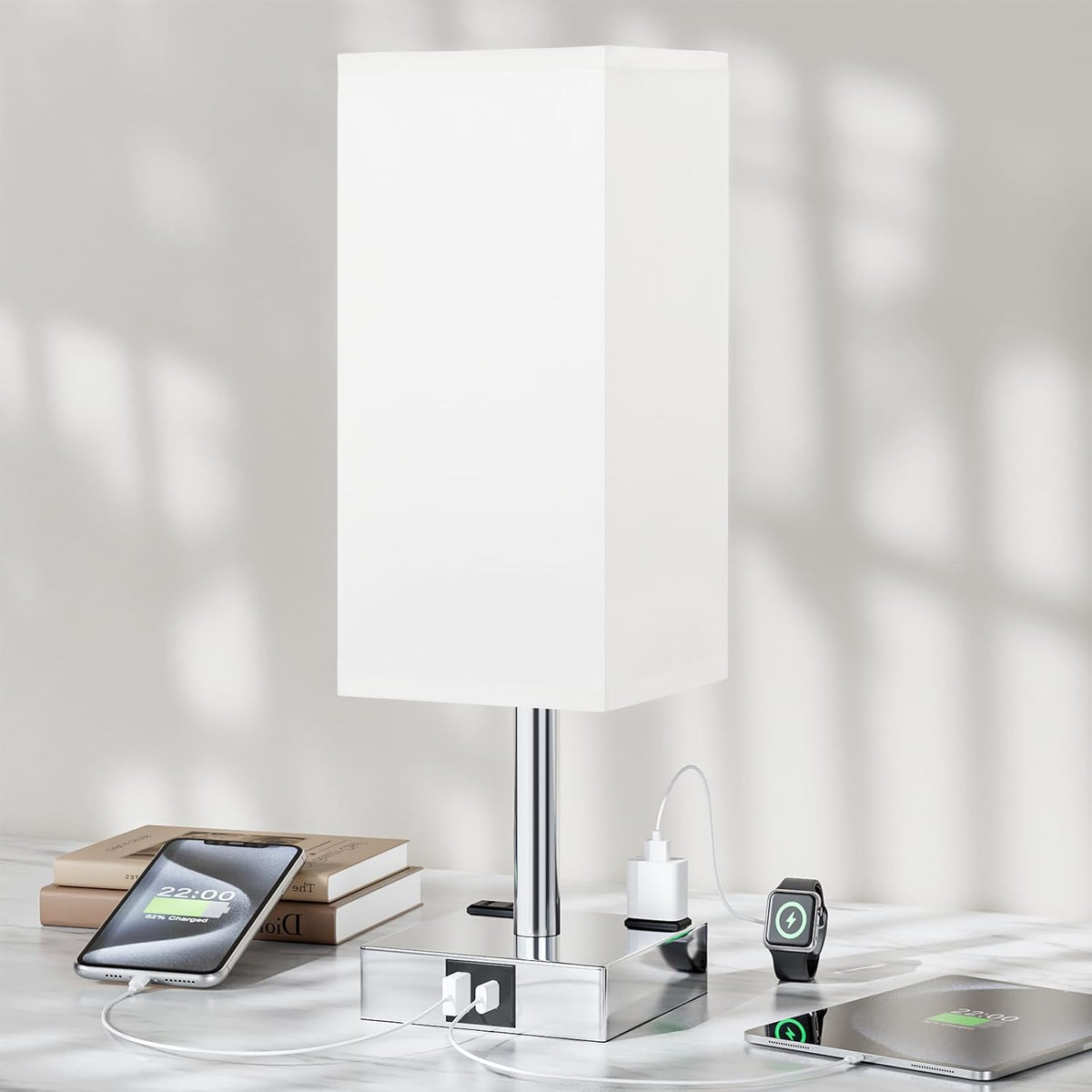 White Touch Table Lamp for Bedroom - Dimmable, USB C+A, 2 AC Outlets