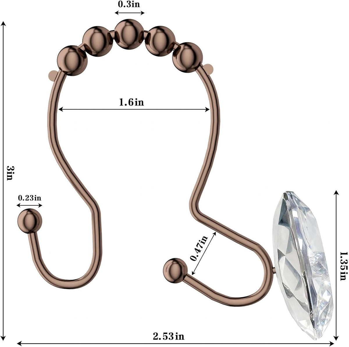 Goowin Shower Curtain Hooks, Crystal Shower Curtain Rings, Stainless Steel Shower Curtain Hangers, Metal Shower Rings for Curtain, Decorative Double Shower Hooks for Shower Curtain & Liner, Bronze