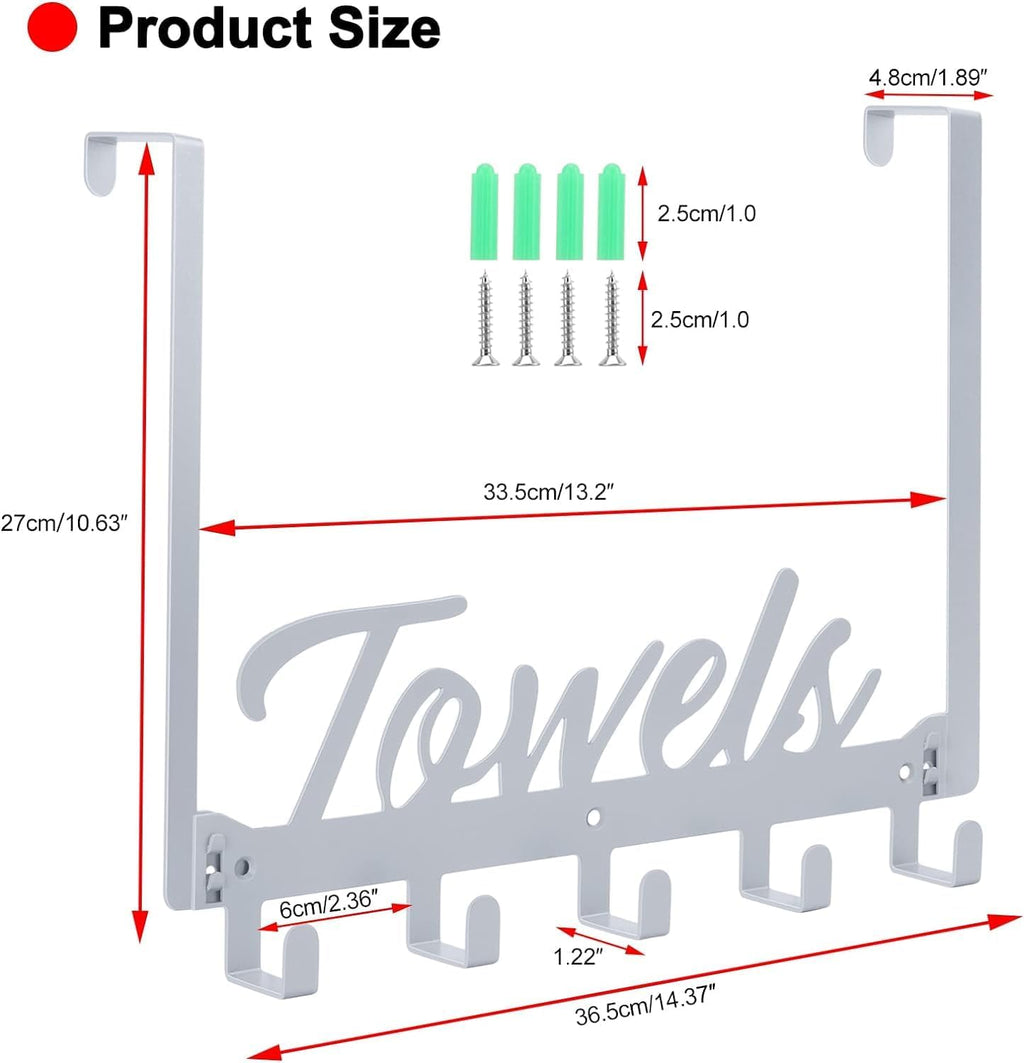 Azmoncy Over The Door Hooks, Towel Hook Towel Holder Over Door Towel Hanger Door Hanger with 5 Coat Hooks Towel Rack for Bathroom Bedroom Kitchen, Chrome