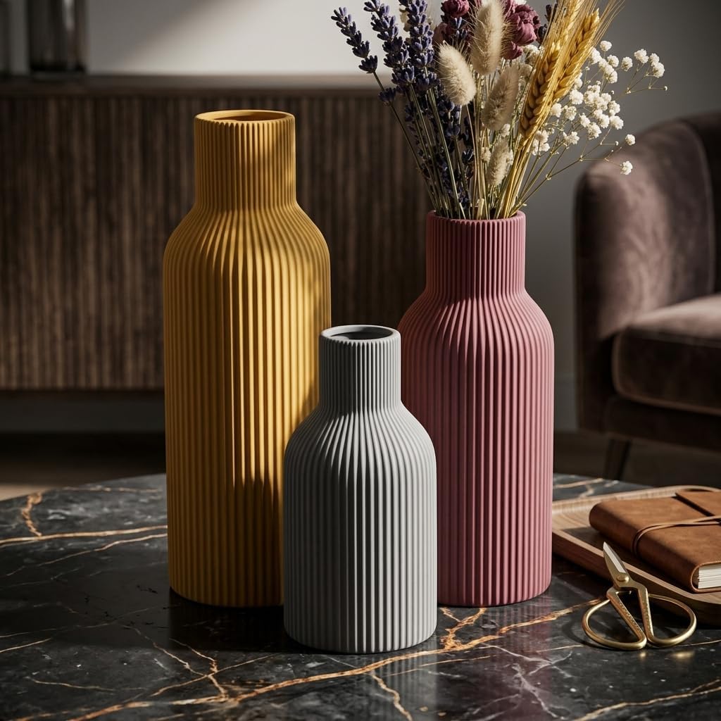 Colorful Ceramic Vases Set of 3, Matte Vertical Ribbed, Minimalist for Pampas Grass &Fresh Flowers, Centerpiece for Living Room,Shelf,Wedding (Mustard Yellow, Dusty Gray, Burgundy)